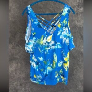 Ashley Stewart Off-Shoulder Floral Blouse | Blue Yellow Print | 14/16